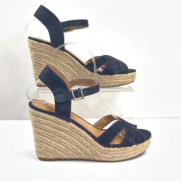 American Eagle Wedge Sandals Womens 7 Black Faux Suede Espadrille Ankle Strap - Picture 2 of 12